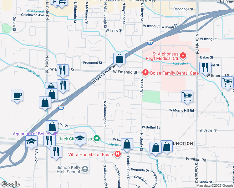 map of restaurants, bars, coffee shops, grocery stores, and more near 6680 West Clinton Lane in Boise