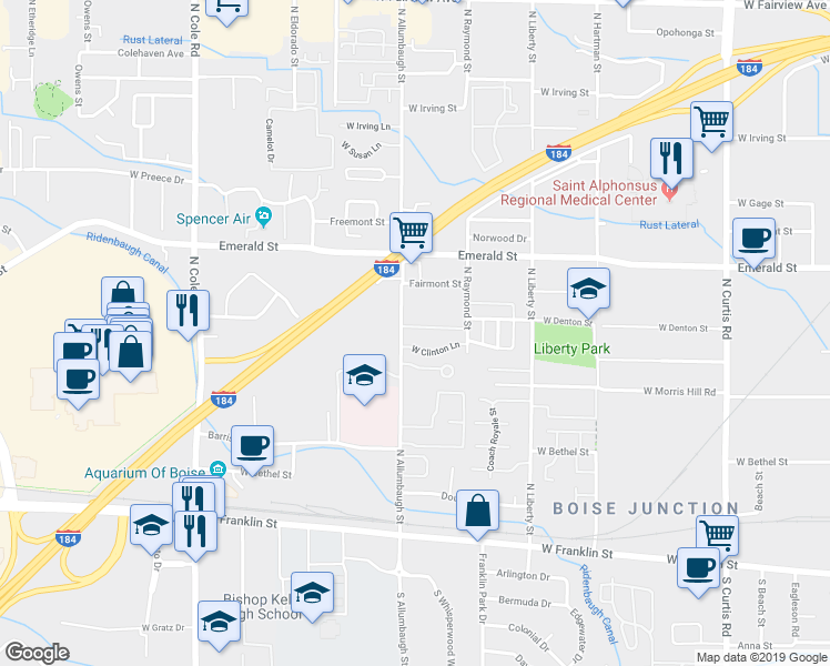 map of restaurants, bars, coffee shops, grocery stores, and more near 6680 West Clinton Lane in Boise