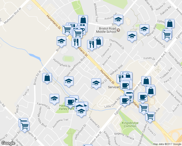 map of restaurants, bars, coffee shops, grocery stores, and more near 5189 Huntingfield Drive in Mississauga