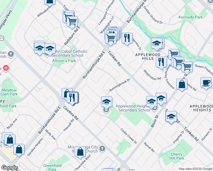 map of restaurants, bars, coffee shops, grocery stores, and more near 876 Hollowtree Crescent in Mississauga