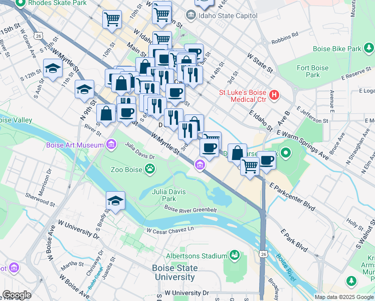 map of restaurants, bars, coffee shops, grocery stores, and more near 412 South 3rd Street in Boise