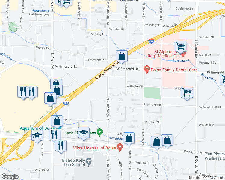 map of restaurants, bars, coffee shops, grocery stores, and more near 6743 West Denton Lane in Boise