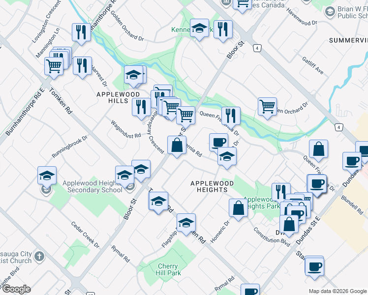 map of restaurants, bars, coffee shops, grocery stores, and more near 3346 Ivernia Road in Mississauga