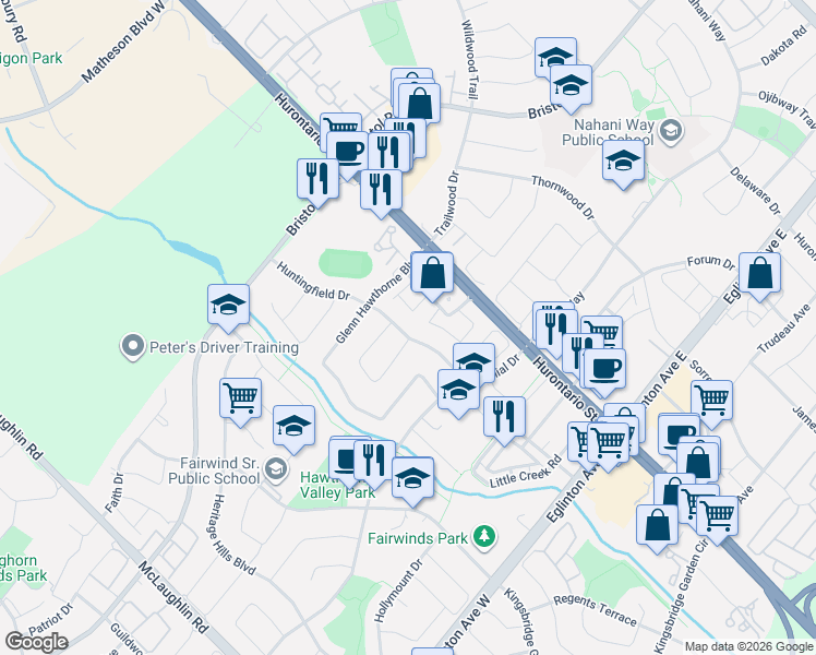 map of restaurants, bars, coffee shops, grocery stores, and more near in Mississauga