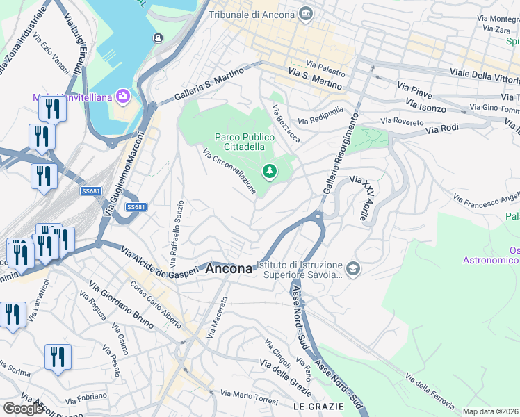 map of restaurants, bars, coffee shops, grocery stores, and more near 14 Via Giuseppe Verdi in Ancona