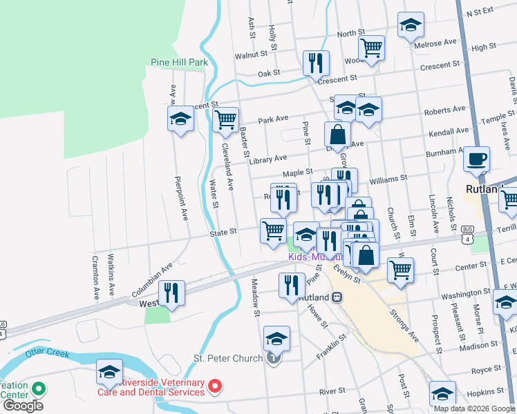 map of restaurants, bars, coffee shops, grocery stores, and more near 35 Baxter Street in Rutland