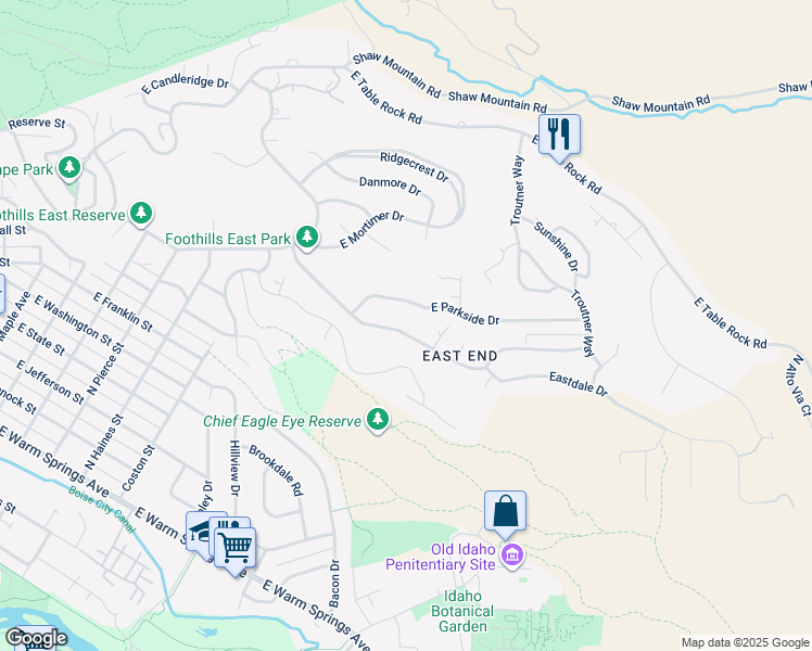 map of restaurants, bars, coffee shops, grocery stores, and more near 2110 East Roanoke Drive in Boise