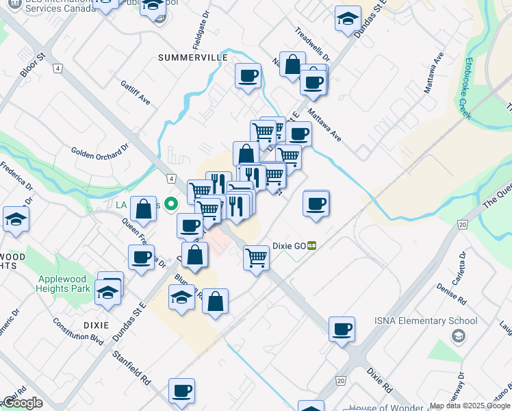 map of restaurants, bars, coffee shops, grocery stores, and more near 1458 Dundas Street East in Mississauga