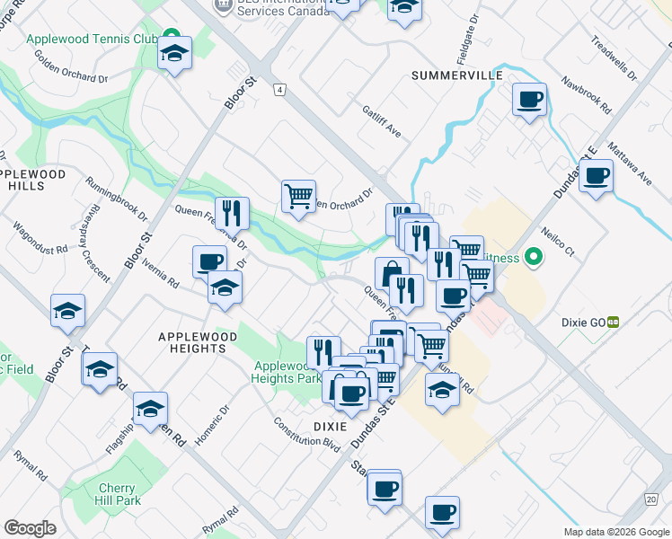 map of restaurants, bars, coffee shops, grocery stores, and more near 3145 Queen Frederica Drive in Mississauga