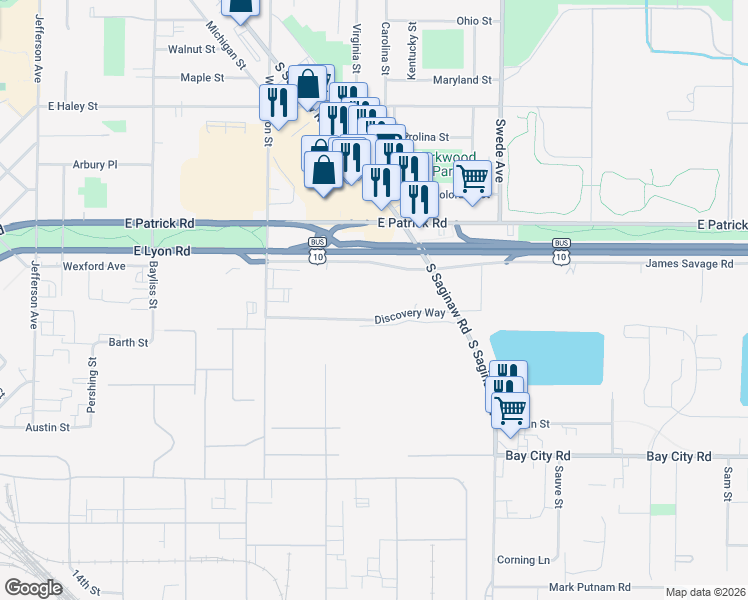 map of restaurants, bars, coffee shops, grocery stores, and more near Discovery Way in Midland