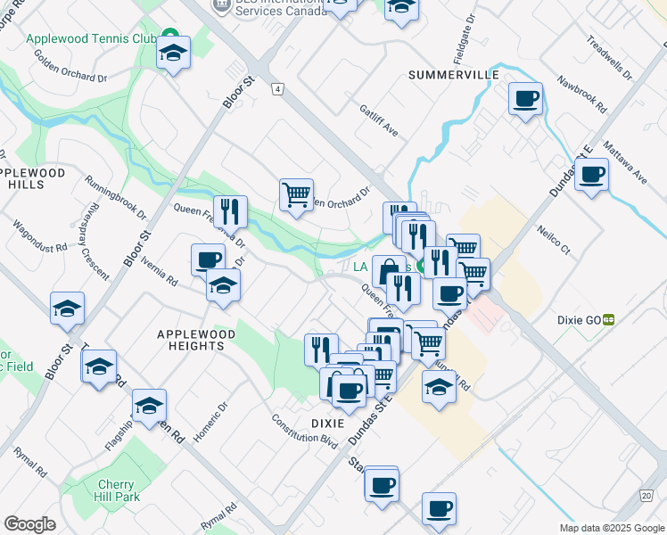 map of restaurants, bars, coffee shops, grocery stores, and more near 3145 Queen Frederica Drive in Mississauga
