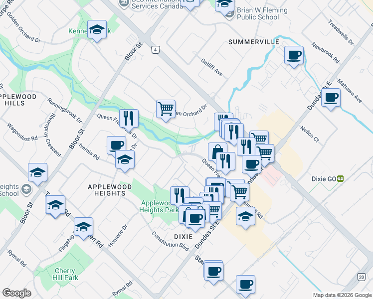 map of restaurants, bars, coffee shops, grocery stores, and more near 3145 Queen Frederica Drive in Mississauga