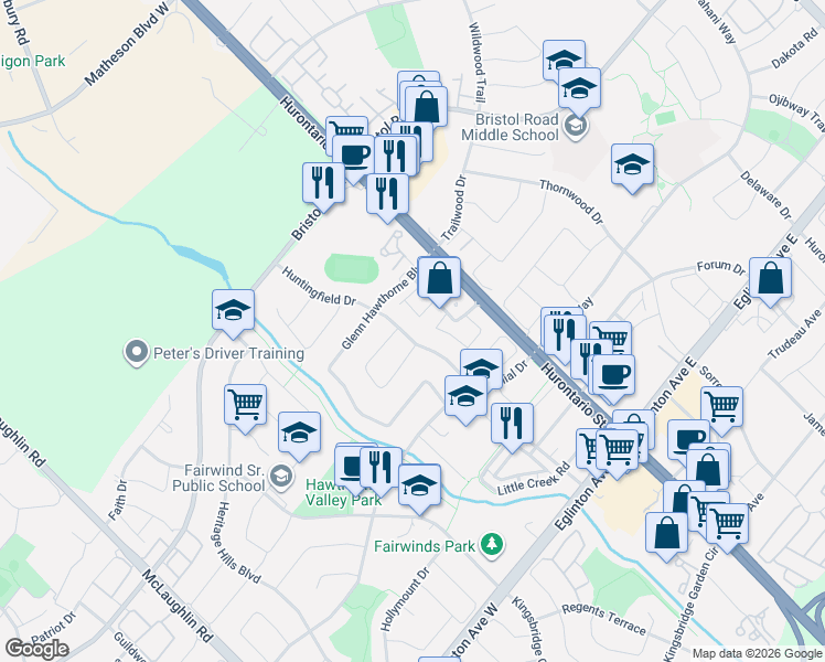 map of restaurants, bars, coffee shops, grocery stores, and more near 5239 Huntingfield Drive in Mississauga