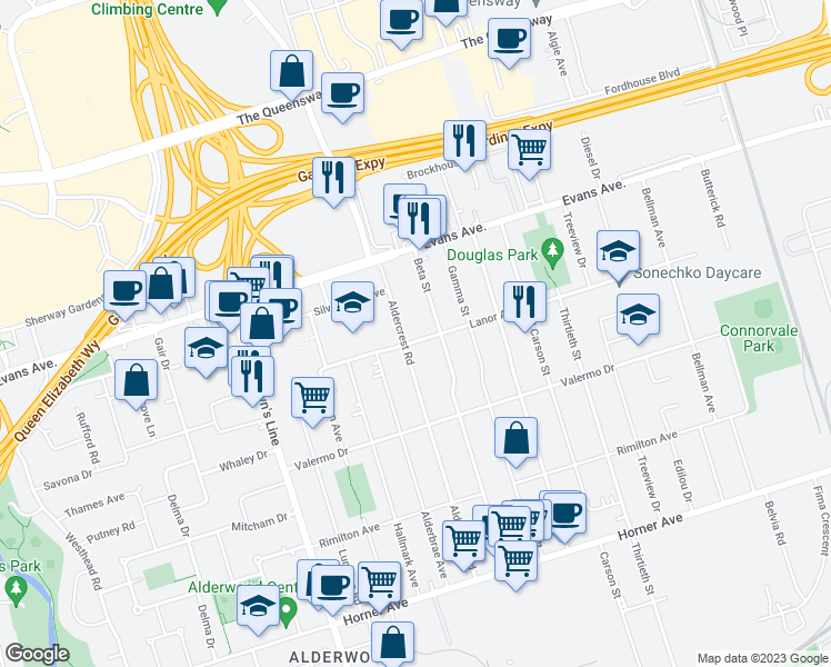 map of restaurants, bars, coffee shops, grocery stores, and more near 424 Lanor Avenue in Toronto