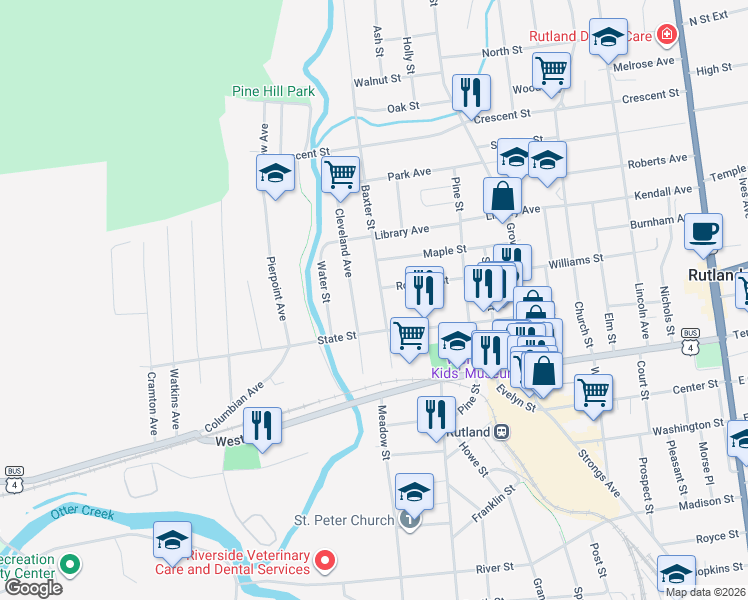 map of restaurants, bars, coffee shops, grocery stores, and more near 39 Baxter Street in Rutland