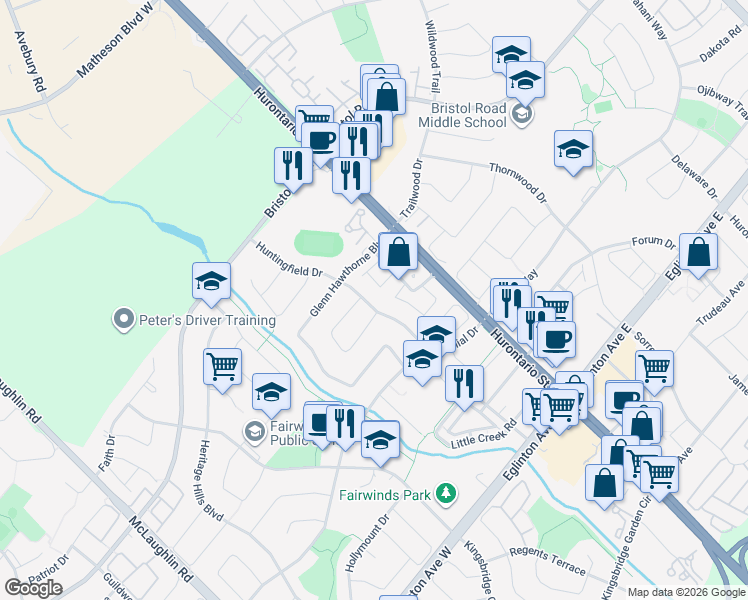 map of restaurants, bars, coffee shops, grocery stores, and more near 5239 Huntingfield Drive in Mississauga