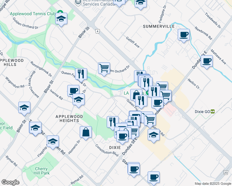 map of restaurants, bars, coffee shops, grocery stores, and more near 3145 Queen Frederica Drive in Mississauga