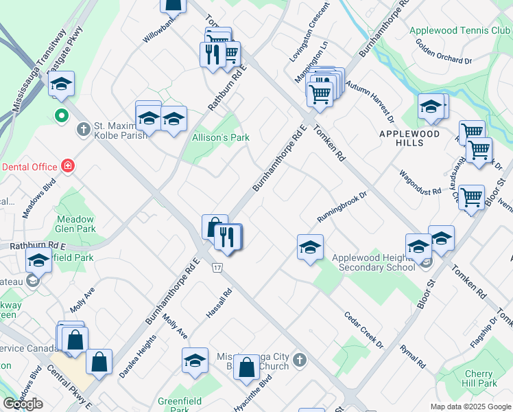 map of restaurants, bars, coffee shops, grocery stores, and more near 3667 Broomhill Crescent in Mississauga