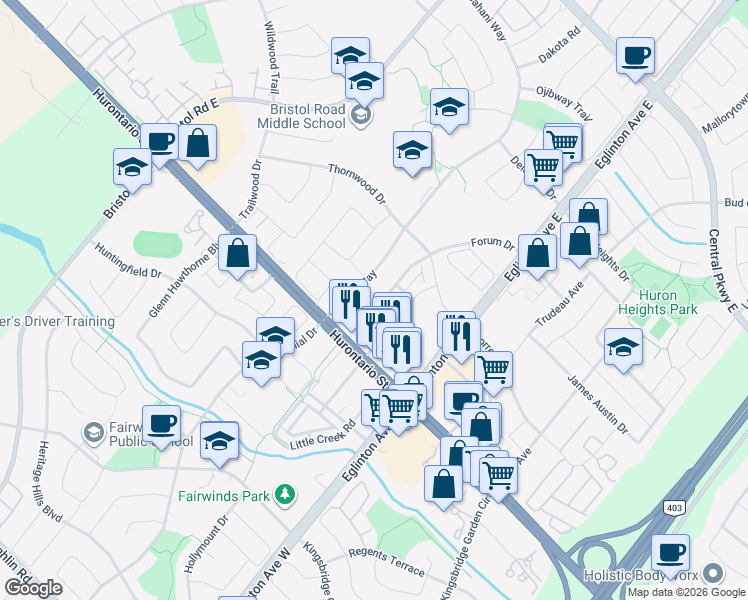 map of restaurants, bars, coffee shops, grocery stores, and more near 59 Preston Meadow Avenue in Mississauga