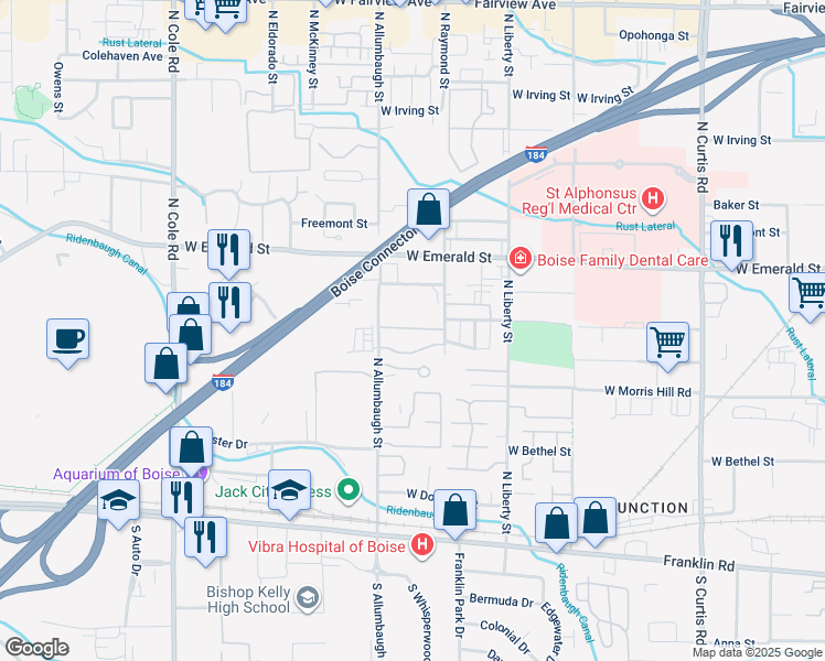 map of restaurants, bars, coffee shops, grocery stores, and more near 6680 West Clinton Lane in Boise