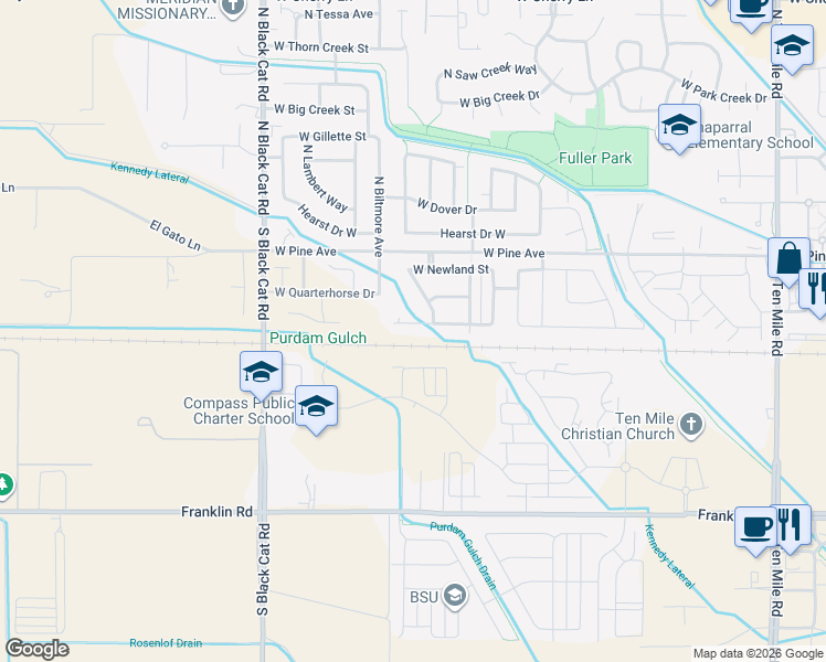 map of restaurants, bars, coffee shops, grocery stores, and more near 4337 West Newland Street in Meridian