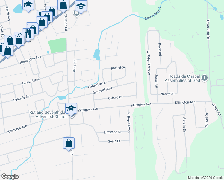 map of restaurants, bars, coffee shops, grocery stores, and more near 7 Upland Drive in Rutland