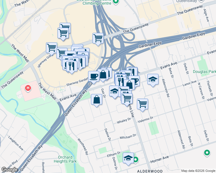map of restaurants, bars, coffee shops, grocery stores, and more near 630 Evans Avenue in Toronto