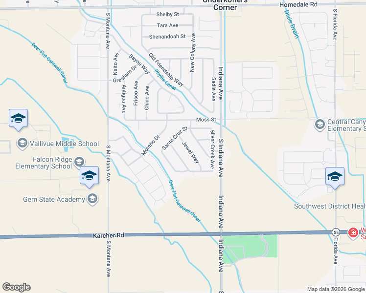 map of restaurants, bars, coffee shops, grocery stores, and more near 16397 Jewel Way in Caldwell