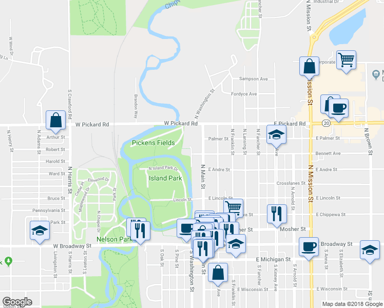 map of restaurants, bars, coffee shops, grocery stores, and more near 624 North Washington Street in Mount Pleasant