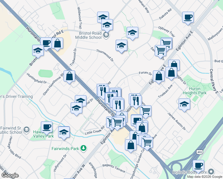 map of restaurants, bars, coffee shops, grocery stores, and more near 65 Preston Meadow Avenue in Mississauga