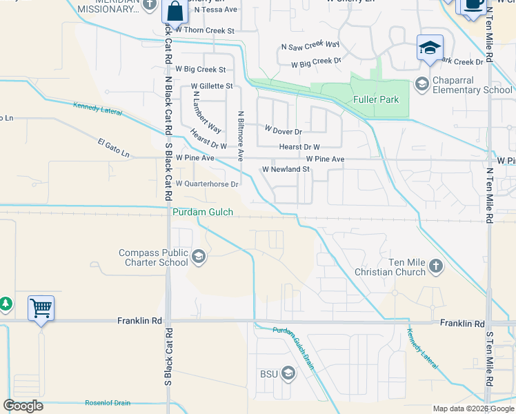 map of restaurants, bars, coffee shops, grocery stores, and more near 4337 West Newland Street in Meridian