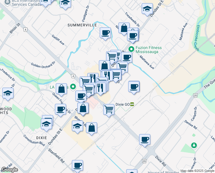 map of restaurants, bars, coffee shops, grocery stores, and more near 1458 Dundas Street East in Mississauga