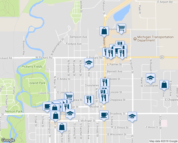 map of restaurants, bars, coffee shops, grocery stores, and more near 703 North Kinney Avenue in Mount Pleasant