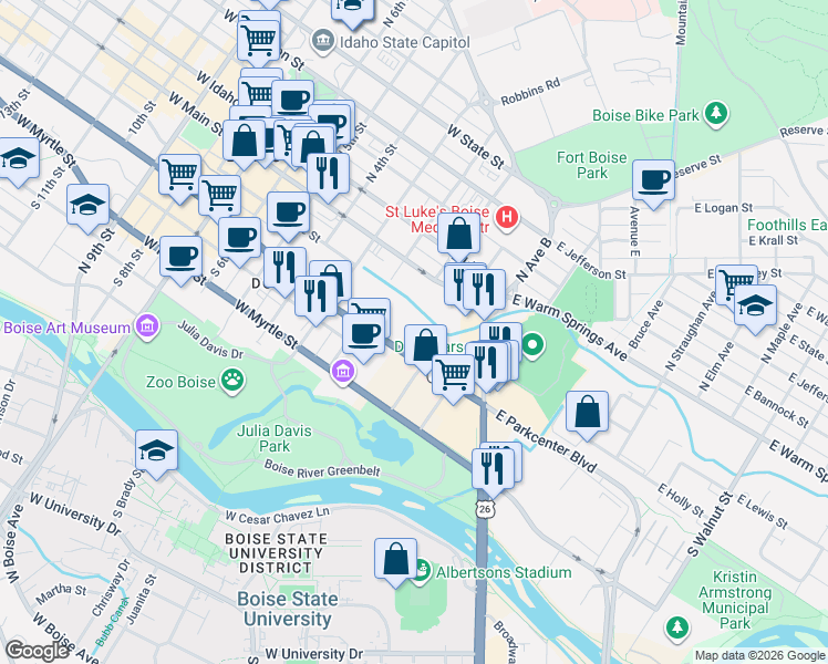 map of restaurants, bars, coffee shops, grocery stores, and more near in Boise