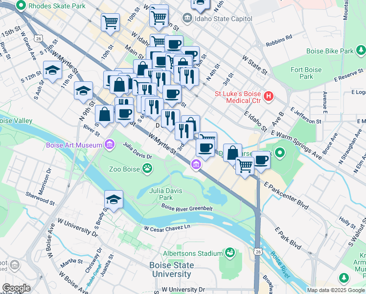 map of restaurants, bars, coffee shops, grocery stores, and more near in Boise