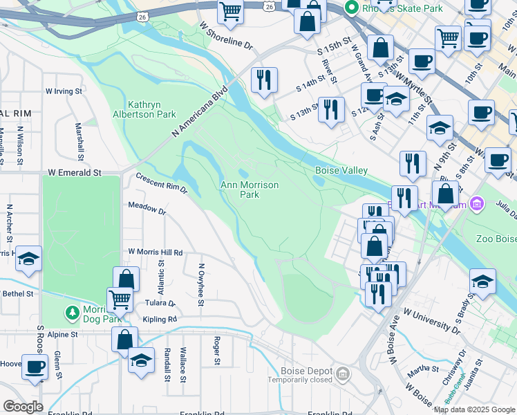 map of restaurants, bars, coffee shops, grocery stores, and more near in Boise
