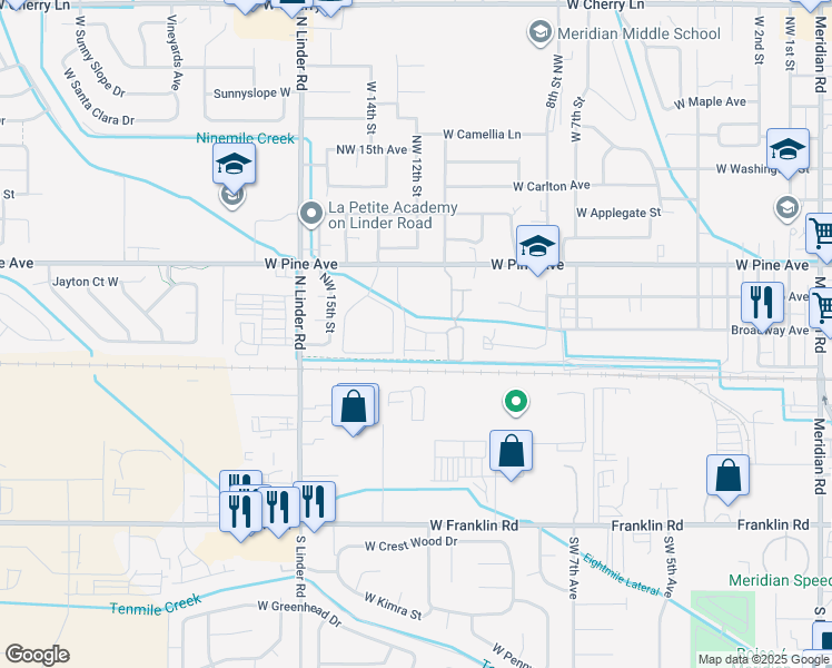 map of restaurants, bars, coffee shops, grocery stores, and more near 1297 West Pine Avenue in Meridian