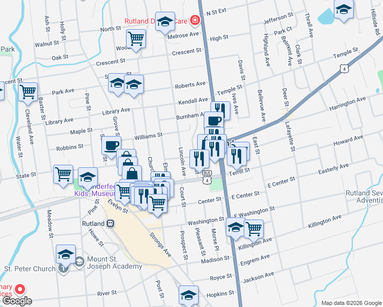 map of restaurants, bars, coffee shops, grocery stores, and more near 18 Lincoln Avenue in Rutland