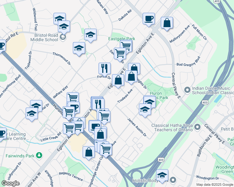 map of restaurants, bars, coffee shops, grocery stores, and more near 161 Trudeau Avenue in Mississauga
