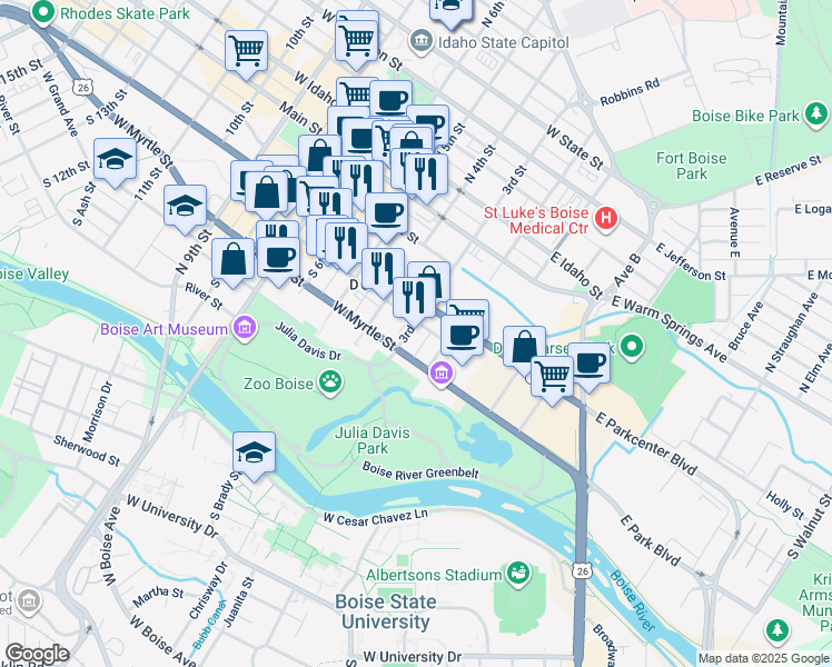 map of restaurants, bars, coffee shops, grocery stores, and more near 404 South 3rd Street in Boise