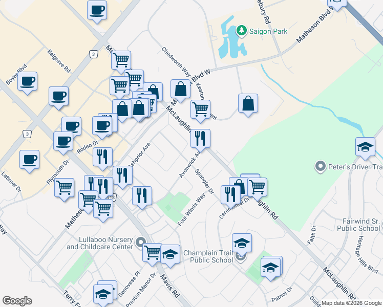 map of restaurants, bars, coffee shops, grocery stores, and more near 531 Avonwick Avenue in Mississauga