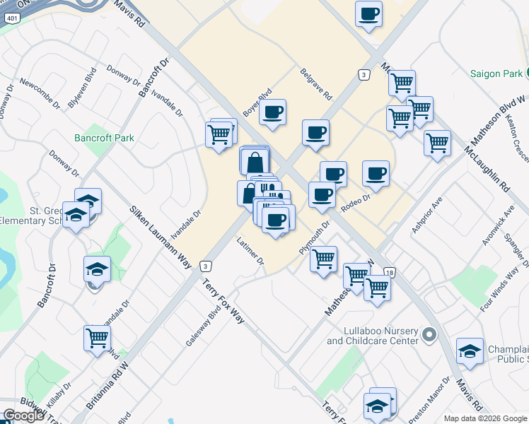 map of restaurants, bars, coffee shops, grocery stores, and more near 808 Britannia Road West in Mississauga
