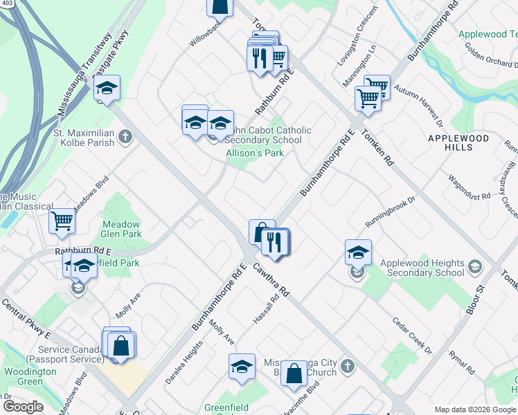 map of restaurants, bars, coffee shops, grocery stores, and more near 4040 Silverhaze Road in Mississauga