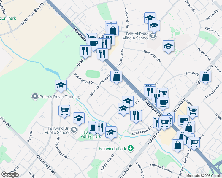 map of restaurants, bars, coffee shops, grocery stores, and more near 80 Strathaven Drive in Mississauga