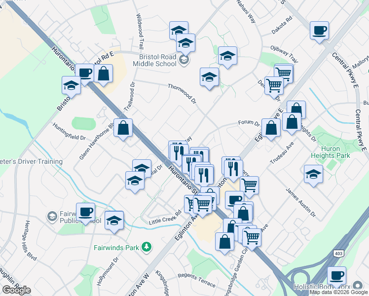 map of restaurants, bars, coffee shops, grocery stores, and more near 54 Nahani Way in Mississauga