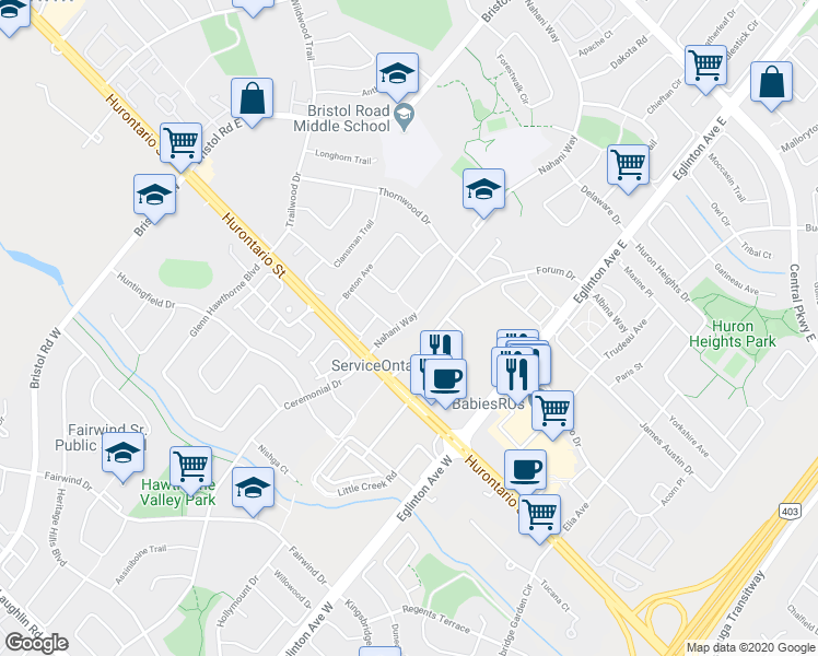 map of restaurants, bars, coffee shops, grocery stores, and more near 54 Nahani Way in Mississauga