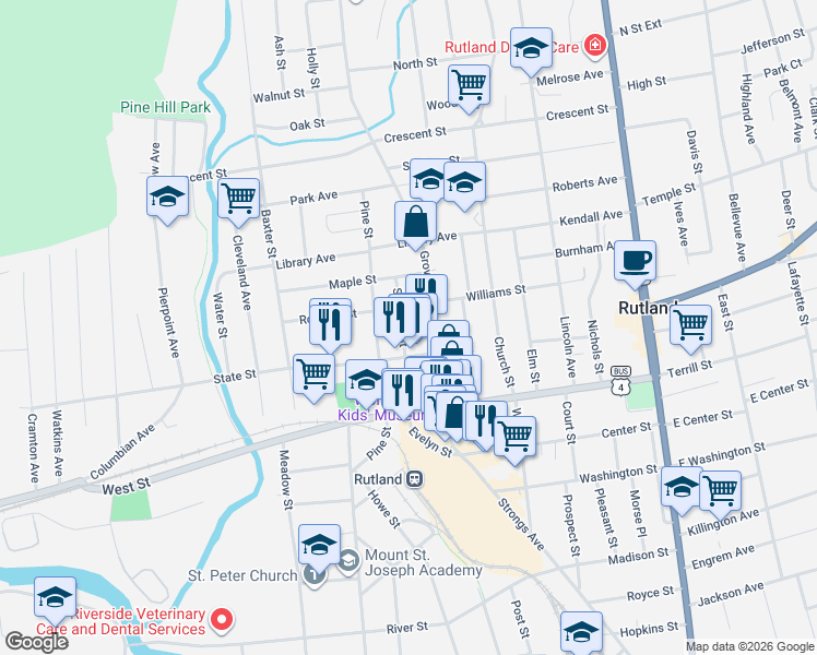 map of restaurants, bars, coffee shops, grocery stores, and more near 97 State Street in Rutland