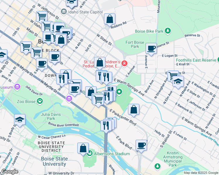 map of restaurants, bars, coffee shops, grocery stores, and more near 124 Broadway Avenue in Boise