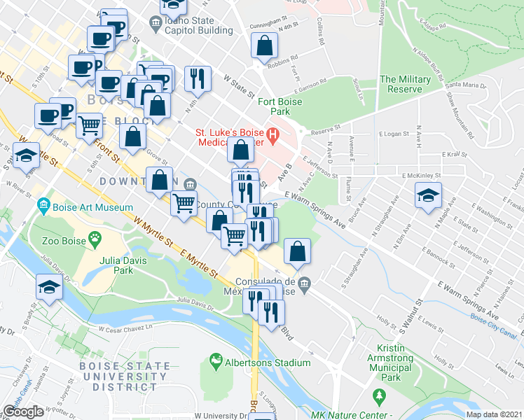 map of restaurants, bars, coffee shops, grocery stores, and more near 124 Broadway Avenue in Boise