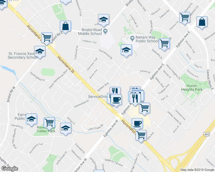 map of restaurants, bars, coffee shops, grocery stores, and more near 60 Nahani Way in Mississauga